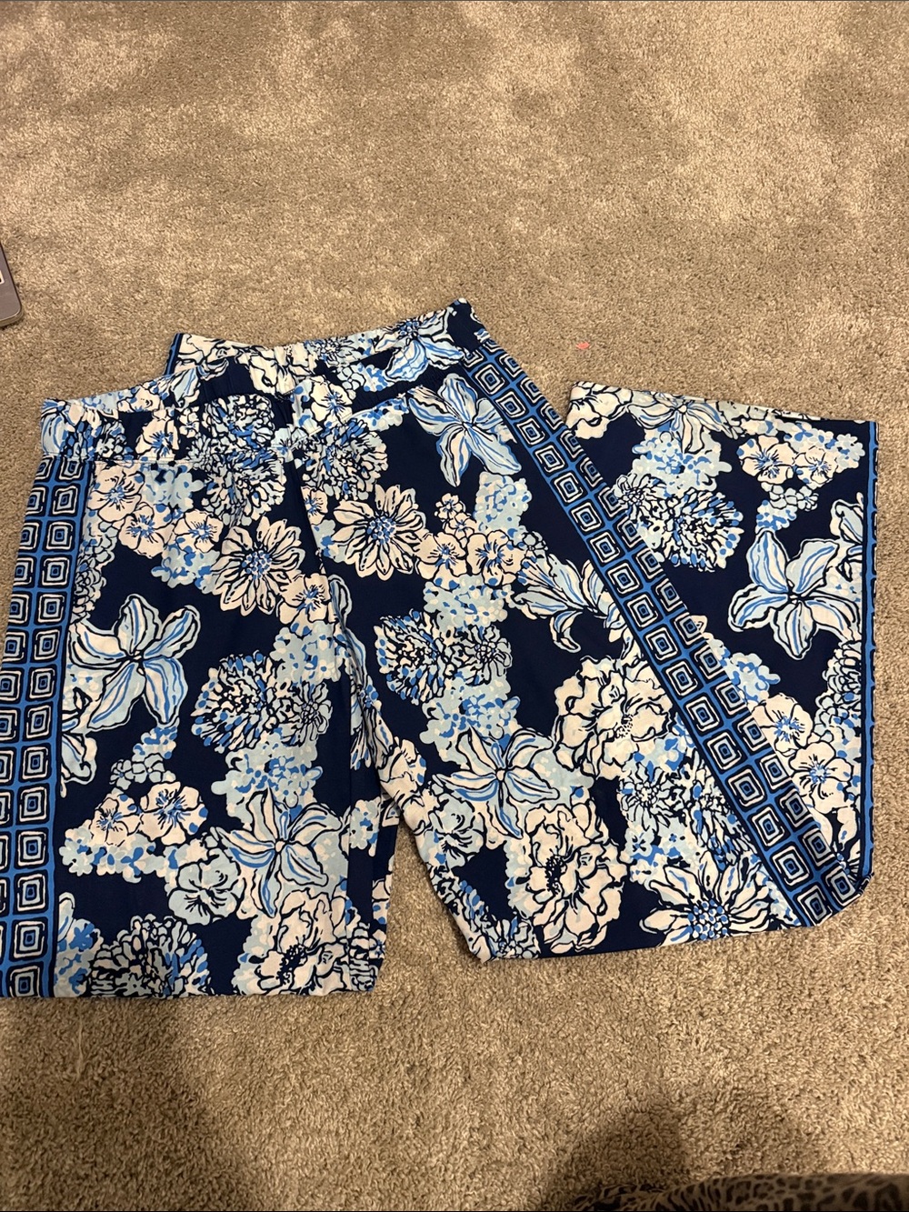 Lilly Pulitzer Navy Floral Wide-Leg Palazzo Pants with Light Blue Accents